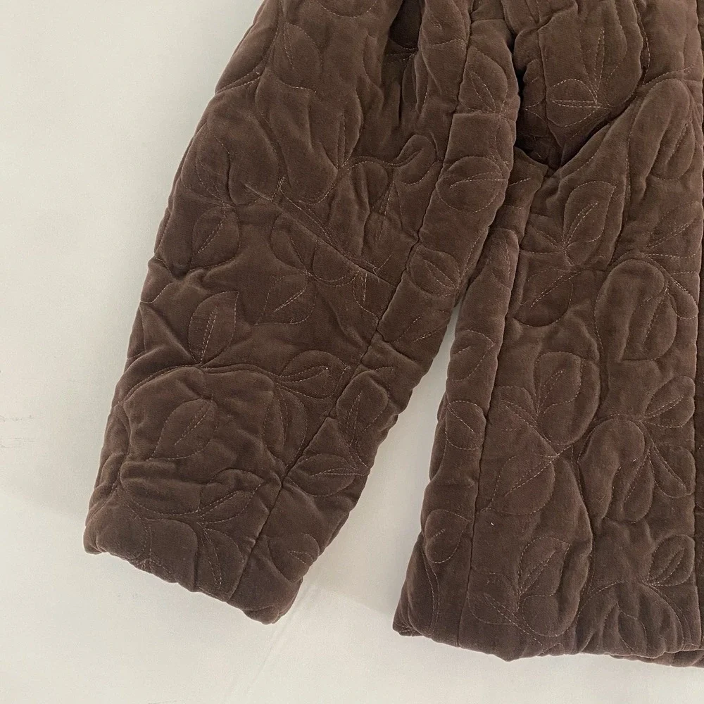VTG Quilted Womens Quilted Velvet Jacket XL Chocolate Brown Lined Embroidered - Picture 10 of 12